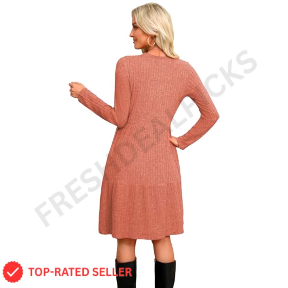 Long Sleeve Sweater Dress with Pockets, Ribbed Knit, Empire Waist - Picture 3 of 4